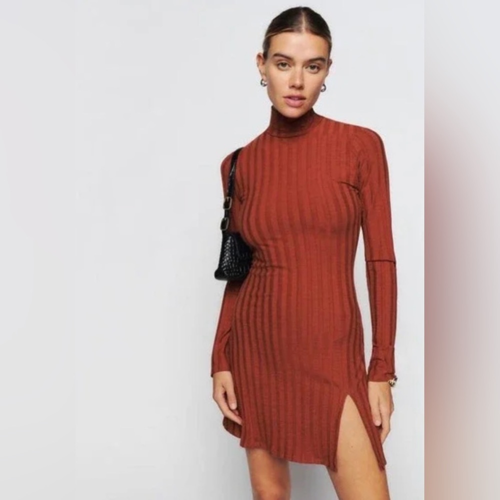 Reformation Libra Knit Mini Dress Rust Orange Side Slit Long Sleeve